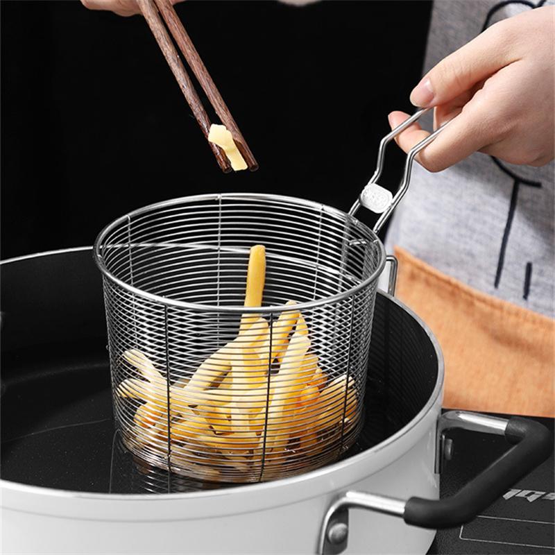 Kitchen Stainless Steel Frying Basket with Hanging Handle Oil Filter Pasta Noodles Drainer Cooking Tools Food Skimmer Strainer