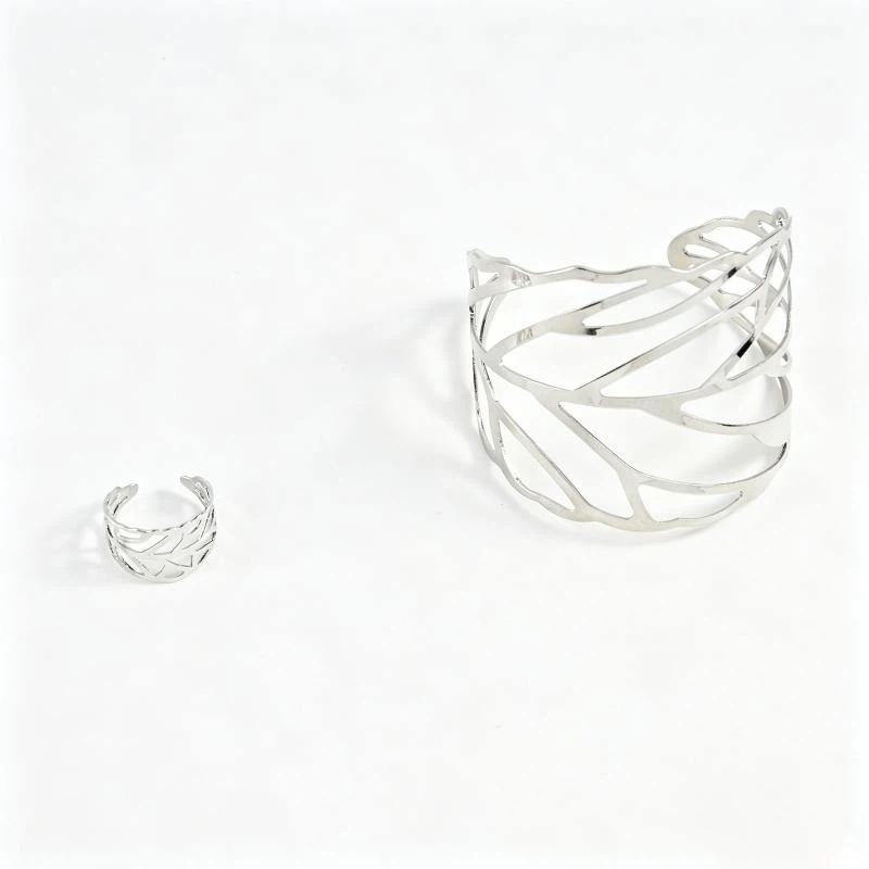 Hollow Leaves Open Bracelet Ring Personalized Niche Jewelry Set Women  Holiday Party Daily Wear Accessories Gift