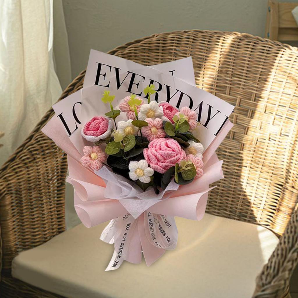 

Crochet Bouquet Artificial Flower Wreath Spring Home Decor Table Centerpiece for Festival Birthday Wedding Ornament розовый