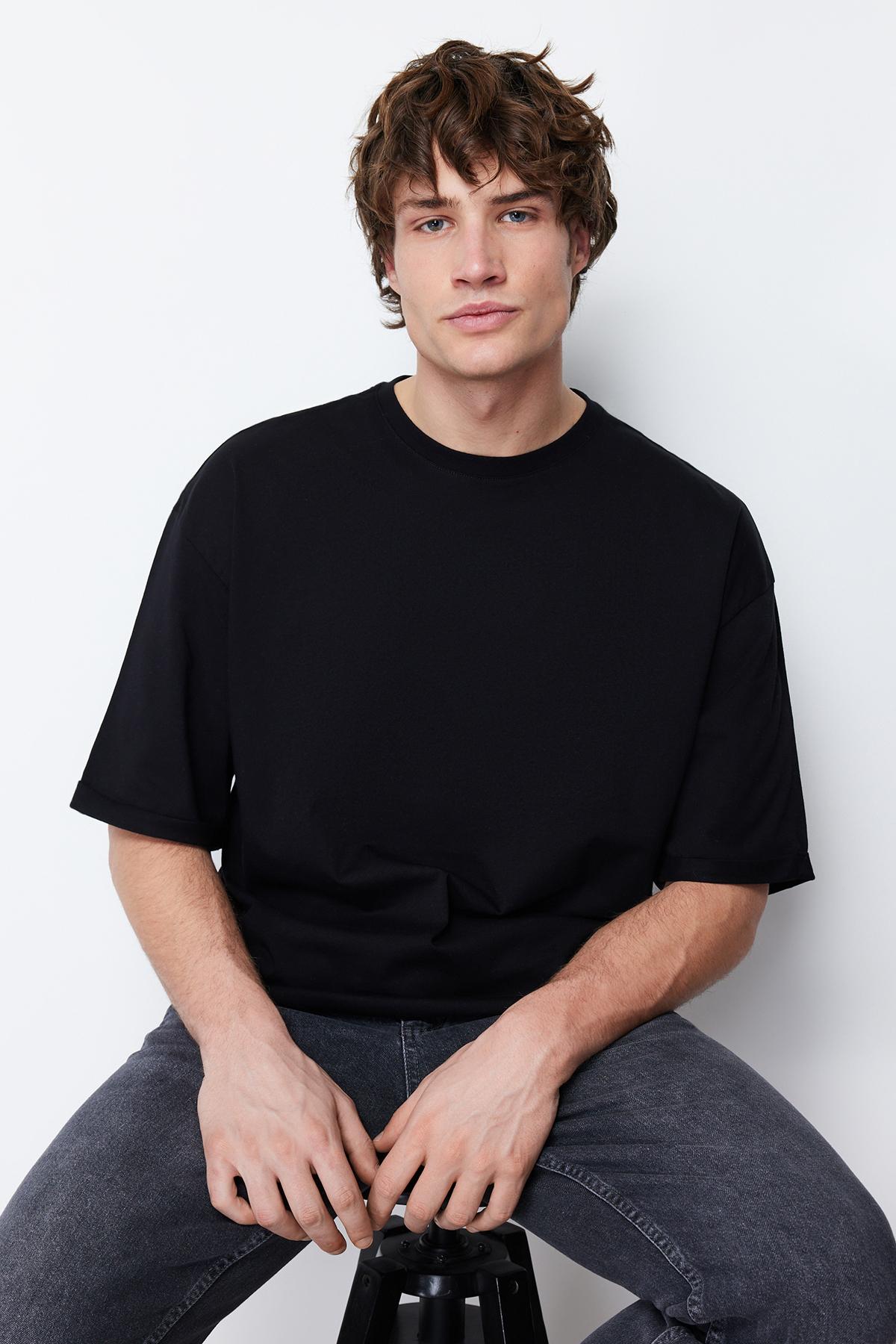 

Men s Fashion New T-Shirt Basic Black Oversize Wide Cut 100% Cotton Stitched Double Sleeve T-Shirt