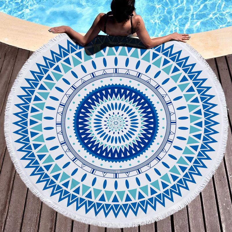 Groene Ronde Strandlaken Microvezel Waterabsorberend Mandala Zee Strand Yoga Mat Grote Strandlaken Yoga Helend Leggen Handdoeken 150Cm 150x150cm blue