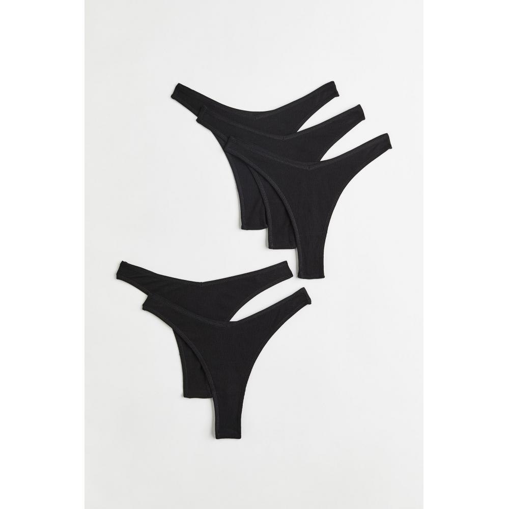 

H M Ribbed Thong Panty 5 Pack Set Black