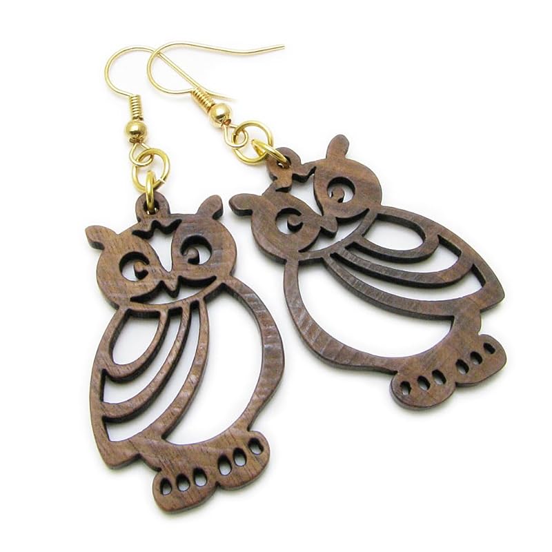 

earrings ladies owl natural wood wood natural hanging both ears hard work worm CHP10013