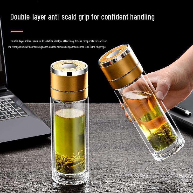 Quick-Open Lid Glass Teacup: Business Car Cup with Tea-Water Separation, Double-Layer High Borosilicate Glass and Printed Design