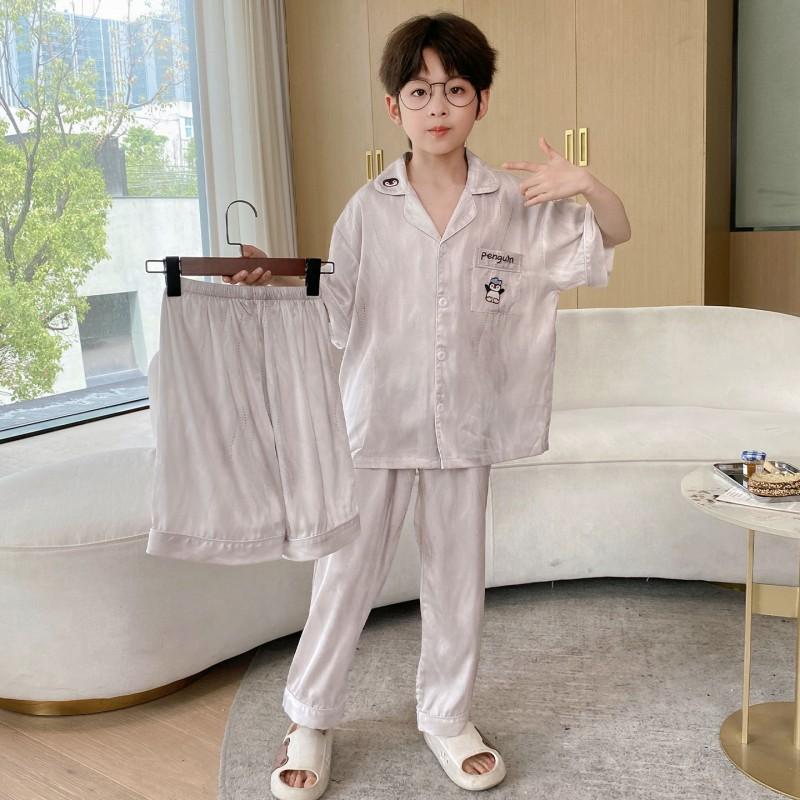 Boys Ice Silk Pajama Set 3-Piece Short Sleeve Cartoon Home Wear Kids Ages 8