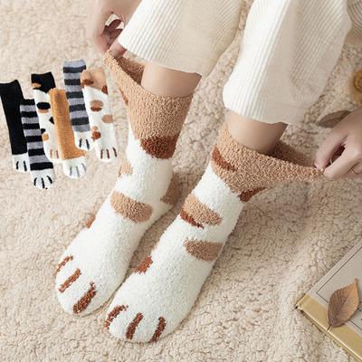 5 Paar Socken Damen Korallen Samt Mittelhohe Socken Katzenpfote Warm Wolle Herbst und Winter Verdickt und Gepolstert Schlaf Boden Socken Lange Mond Socken