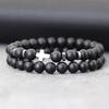 Simple Men Bracelet 2Pcs 6mm Natural Stone Meditation Yoga Brass Braclet Cross Hematite Lava Stone Faux Wooden Bead Strings
