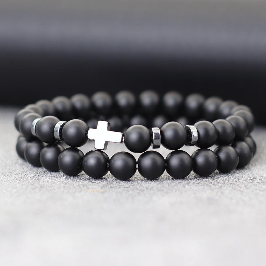 Simple Men Bracelet 2Pcs 6mm Natural Stone Meditation Yoga Brass Braclet Cross Hematite Lava Stone Faux Wooden Bead Strings