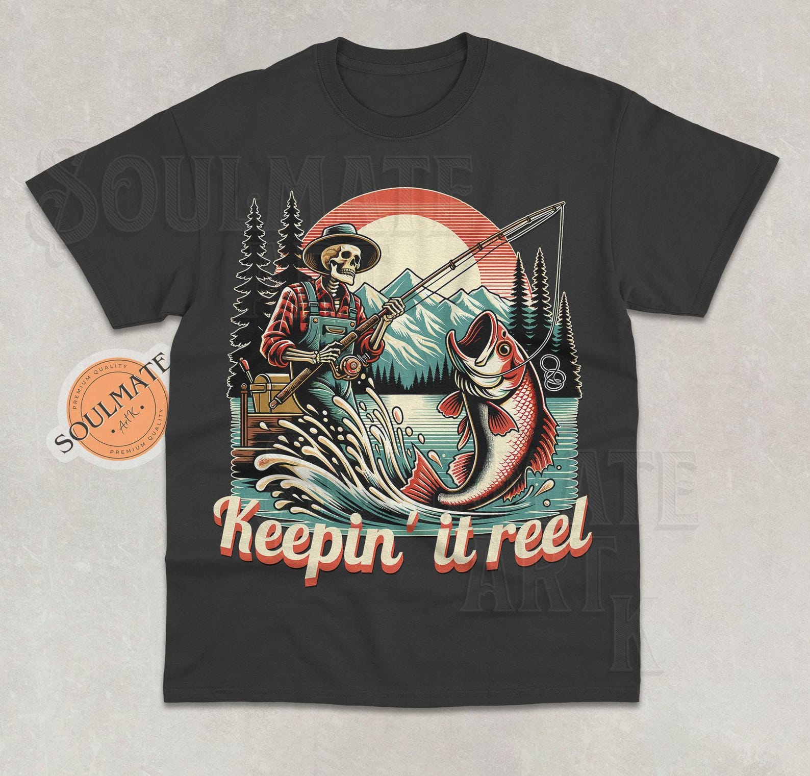 Funny Skeleton Fisherman T-Shirt: Retro Fishing Lover Gift L