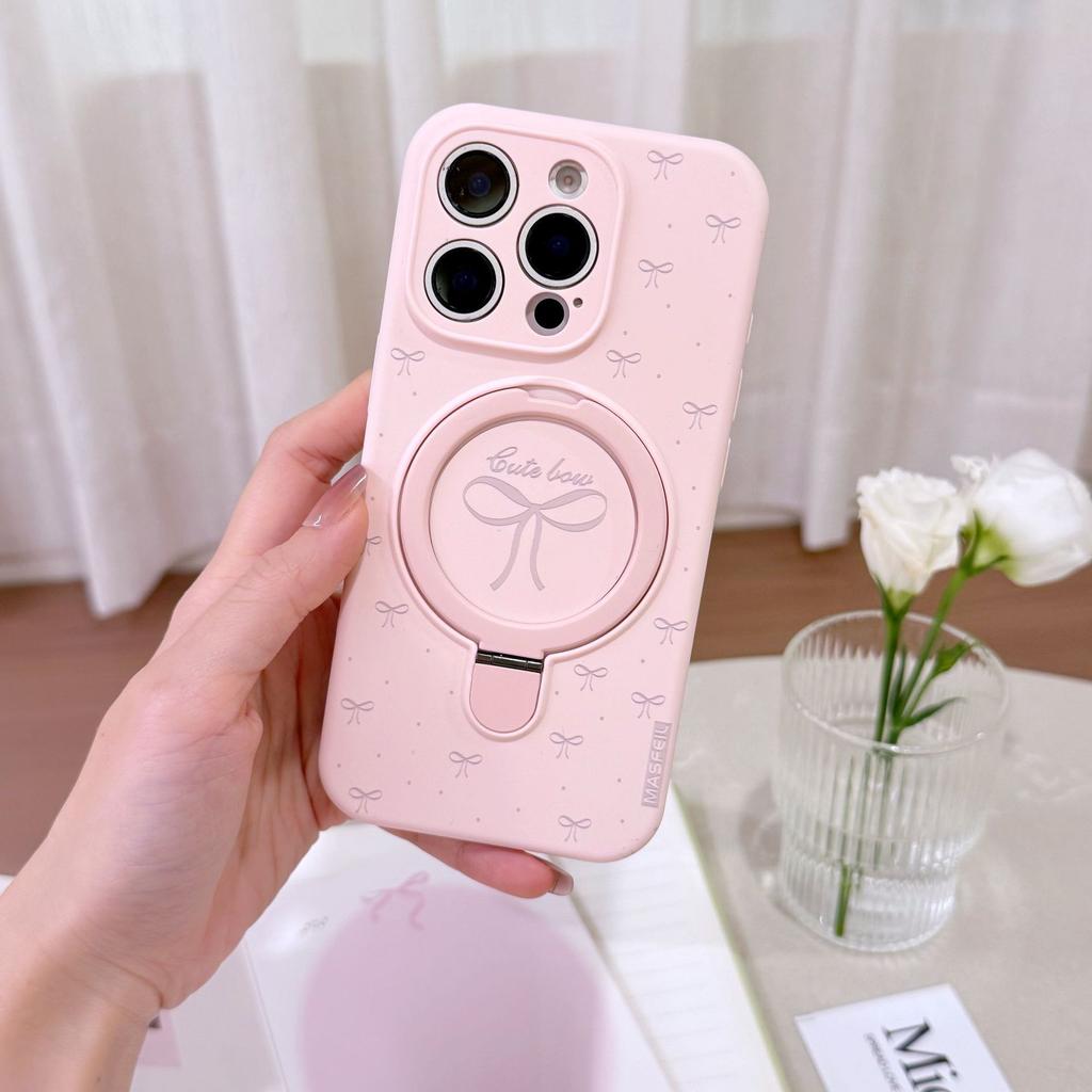 MagSafe Bowknot Silicone Phone Case with Ring Holder, Cute Macaron Color Kickstand Cover for iPhone