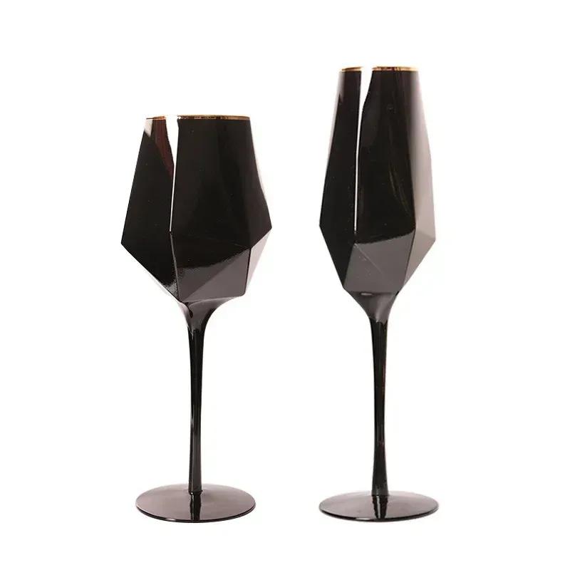 1 Piece Hot Selling Pure Black Crystal Gold Edged Glass Red Wine Glass Goblet Minimalist Temperament Wine Glass Bar Table Cup