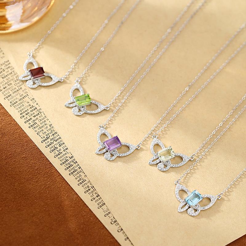 Natural stone butterfly pendant s925 pure silver necklace, niche, light luxury design, fashionable clavicle chain, high sense, fashionable jewelrygift