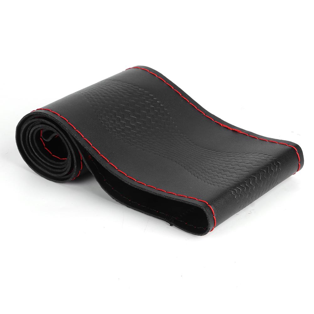 

38см 15дюймов Кожаная оплетка на руль Универсальный DIY Тиснение Иглы и нитки Комплект Салон автомобиля красный/чёрный