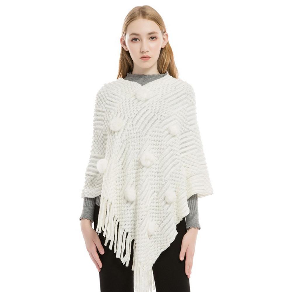 New Imitation Cashmere Warm Shawl Plus Size Rabbit Fur Ball Wrap Cloak Solid Color Tassels Scarf