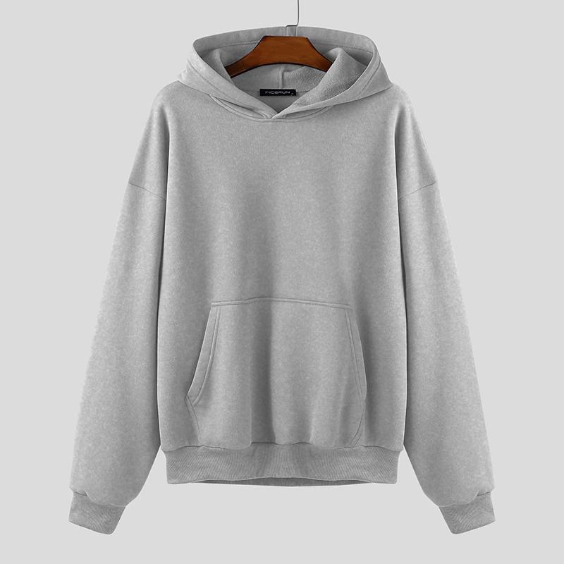 

INCERUN Мужские худи оверсайз с длинным рукавом, однотонные, с капюшоном, осенние пуловеры, толстовки 4XL серый