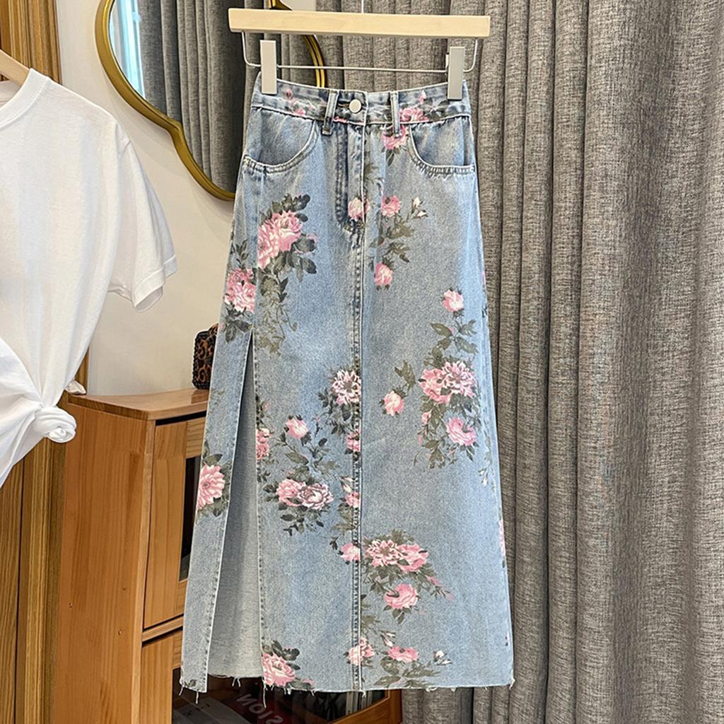 Women's Fashion Vintage Versatile Split Cowboy Printed Package Hip Mid-Length Half-Body Skirt