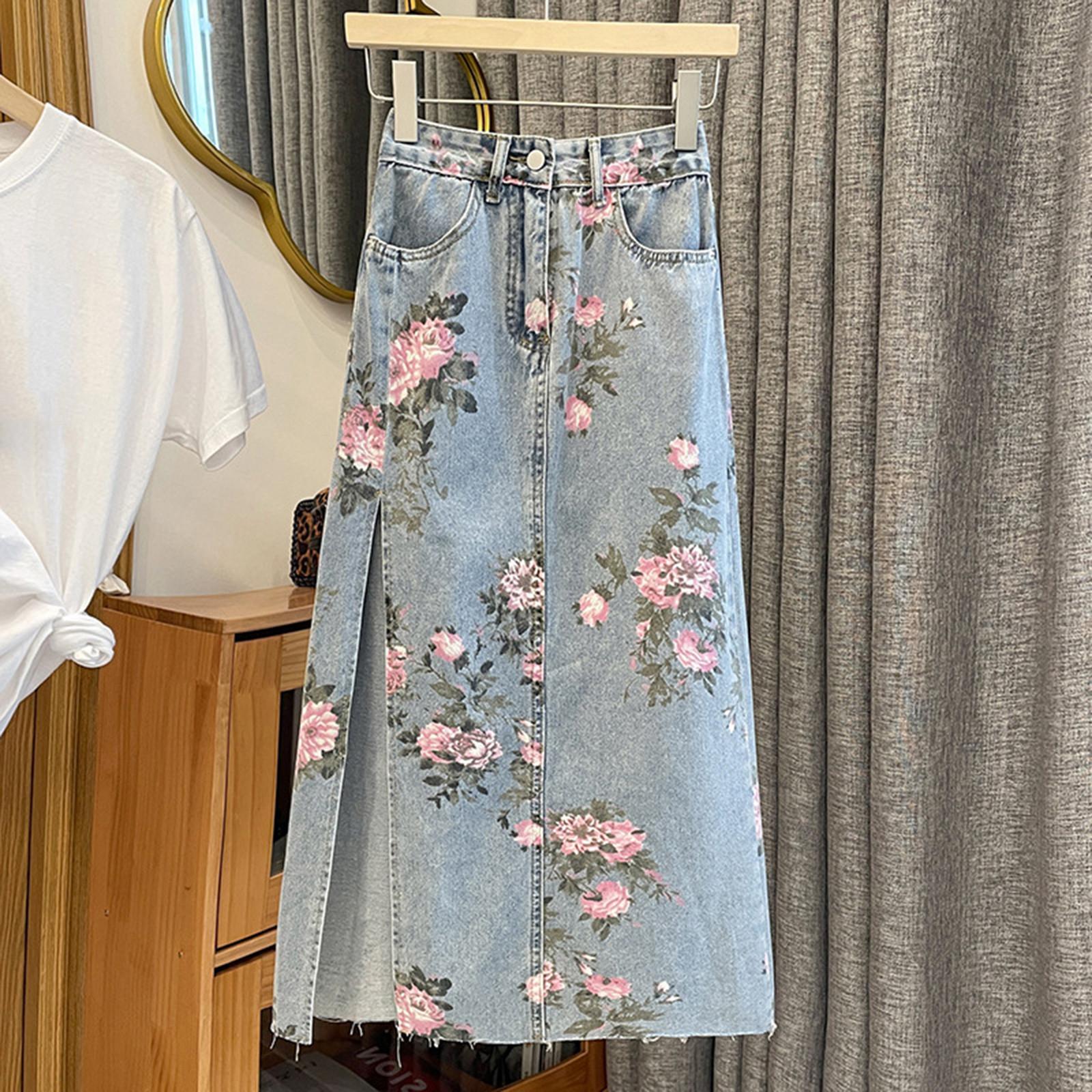 

Women s Fashion Vintage Versatile Split Cowboy Printed Package Hip Mid-Length Half-Body Skirt L синий