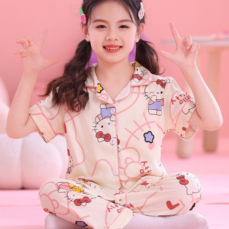 Kuromi Girls' Spring/Autumn Pajama Set with Short Sleeve Cardigan and Long Pants for Indoor/Outdoor Wear