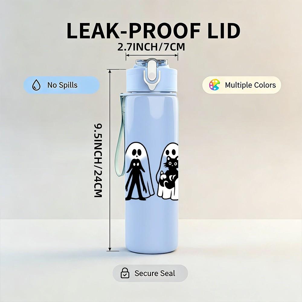 1PC Three White Ghost Line Art 750ml Color Plastic Sports Water Bottle Leakproof Flip Straw Lid Suitable for Sports Office Home Use