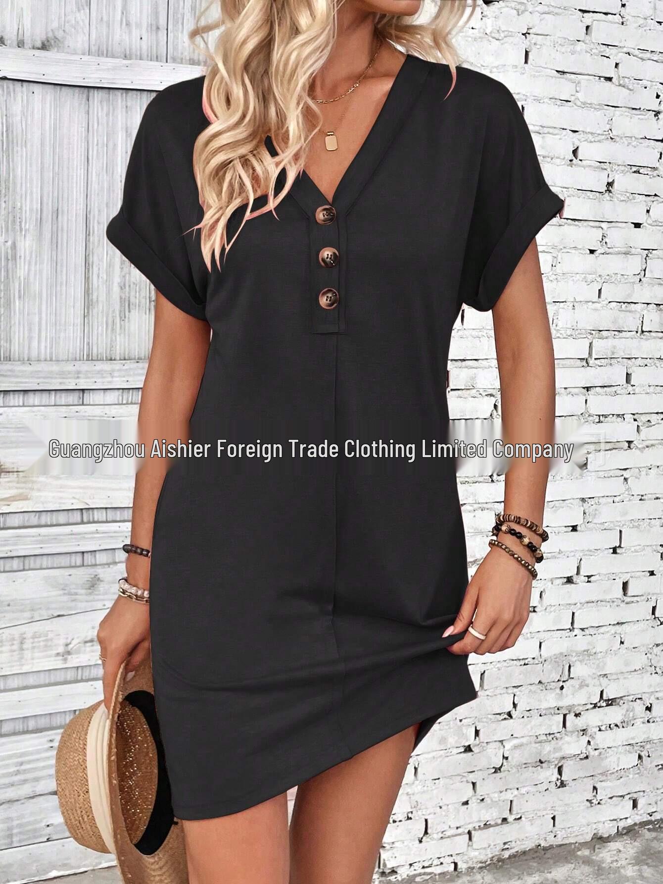 Summer Women s V-Neck Raglan Sleeve Dress with Buckle Medium чёрный