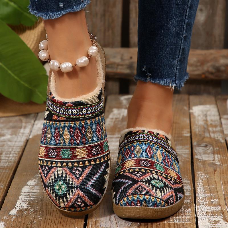 Plus-size Warm Cotton Shoes 2025 Winter New Fleece Color-blocking Ethnic Style Home Women's Shoes