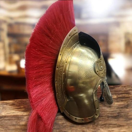 Roman Gladiator Helmet with Red Crest and Brass Queen Crest Handcrafted Medieval Warrior Armor Gift