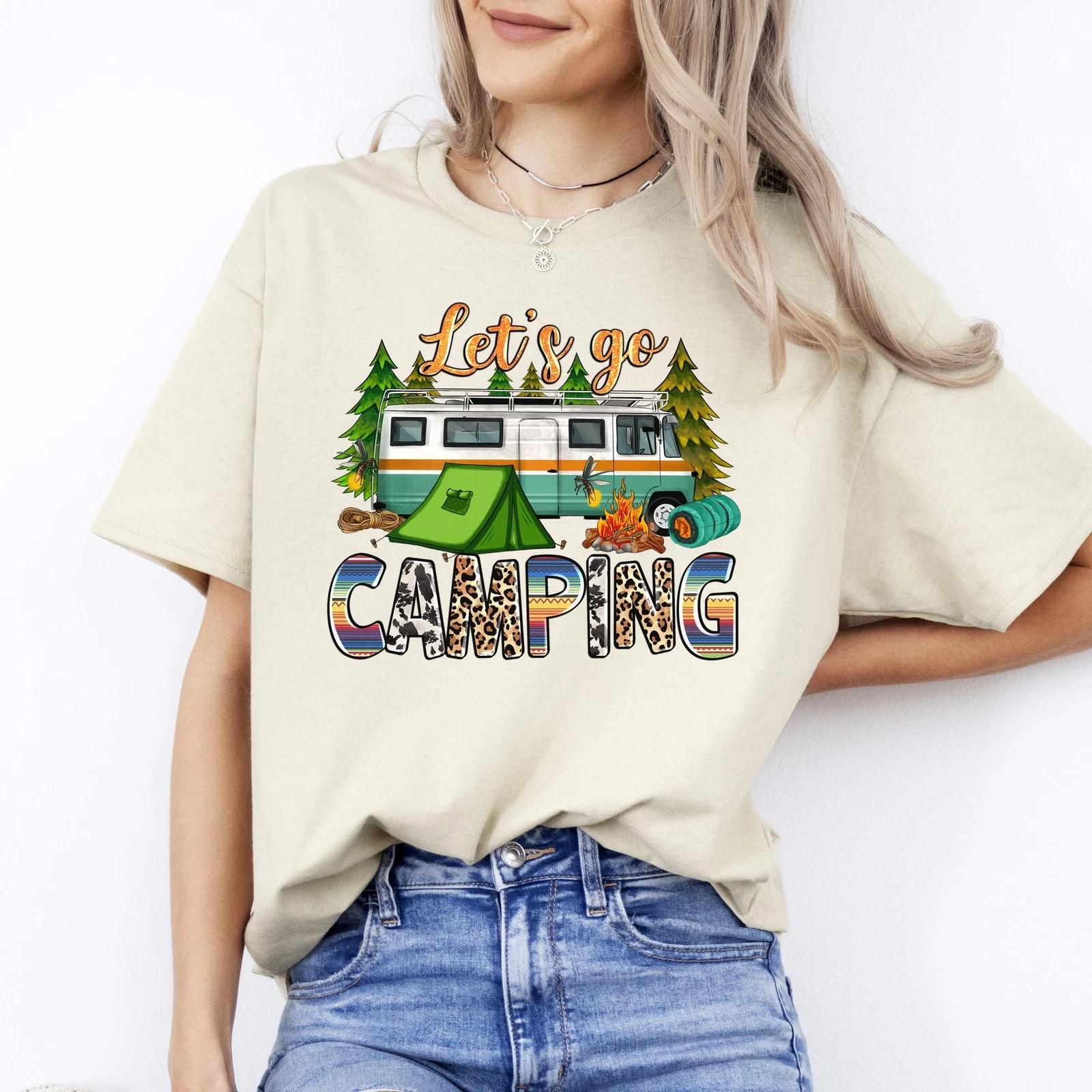 Lets go camping T-Shirt gift Summer camp tent fire mosquitos Unisex Tee Sand Whi S