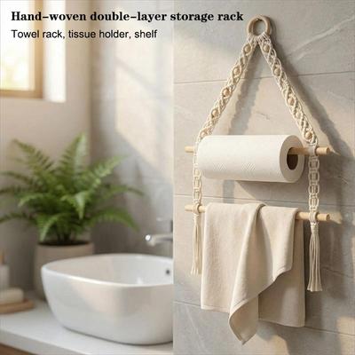 Portasciugamani Macramè Intrecciato a Mano Arazzo da Parete Organizer Decorazione Rustica Boho per Casa Bagno Camera da Letto