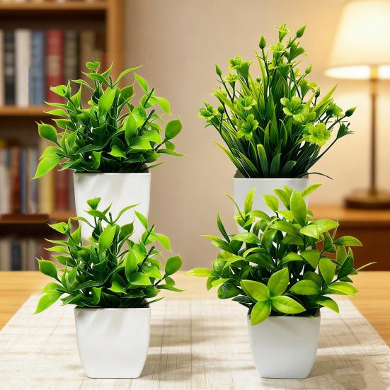 4 Stück Mini künstliche grüne Topfpflanzen, kleine Fake-Pflanzen mit Topf für Zuhause, Büro, Indoor, Tisch, Regal, Bauernhaus, Badezimmer Dekoration