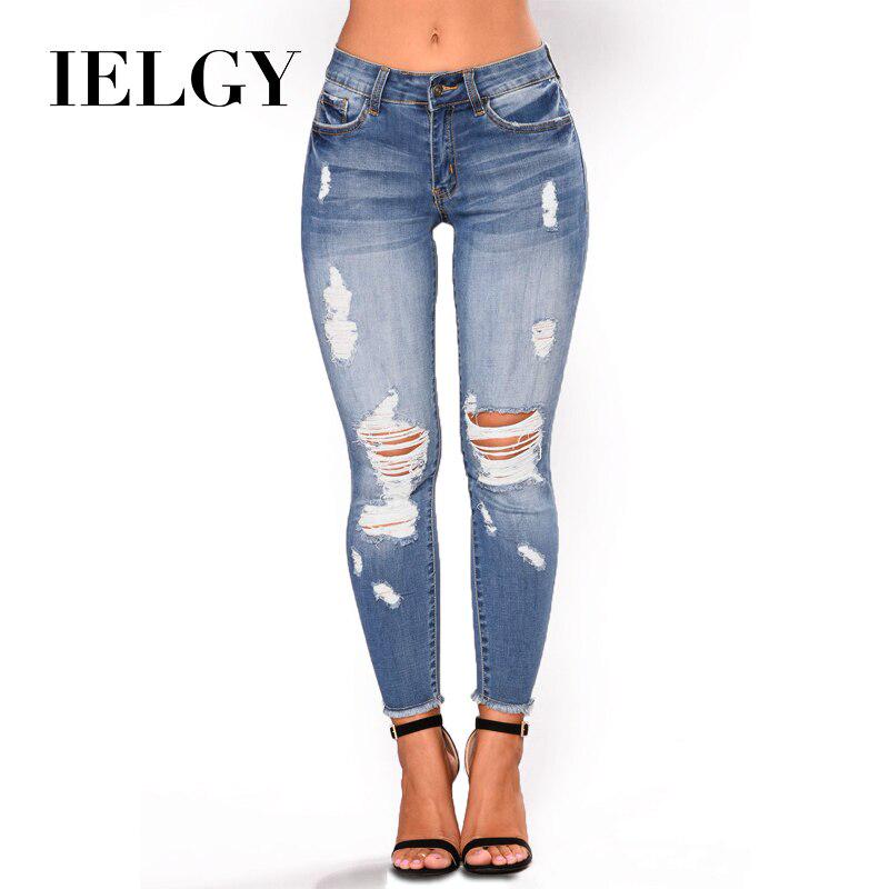 IELGY Cropped Jeans Damen Mode Loch Hohe Elastische Füße Enge Dünne Hüften Bequeme Unterseite