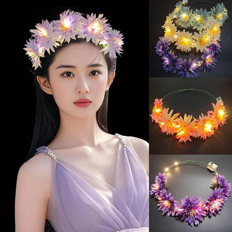 1PC LED Light New Simulation Flower Women Girl Beach Headband Wedding Birthday Favor Hairband Garland Hairband Glowing Wreath