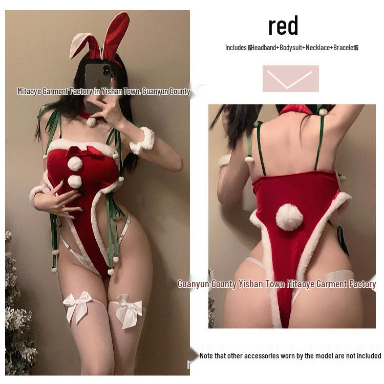 Erotic Christmas Bunny Costume with Fluffy Lace-Up and Open Crotch Design