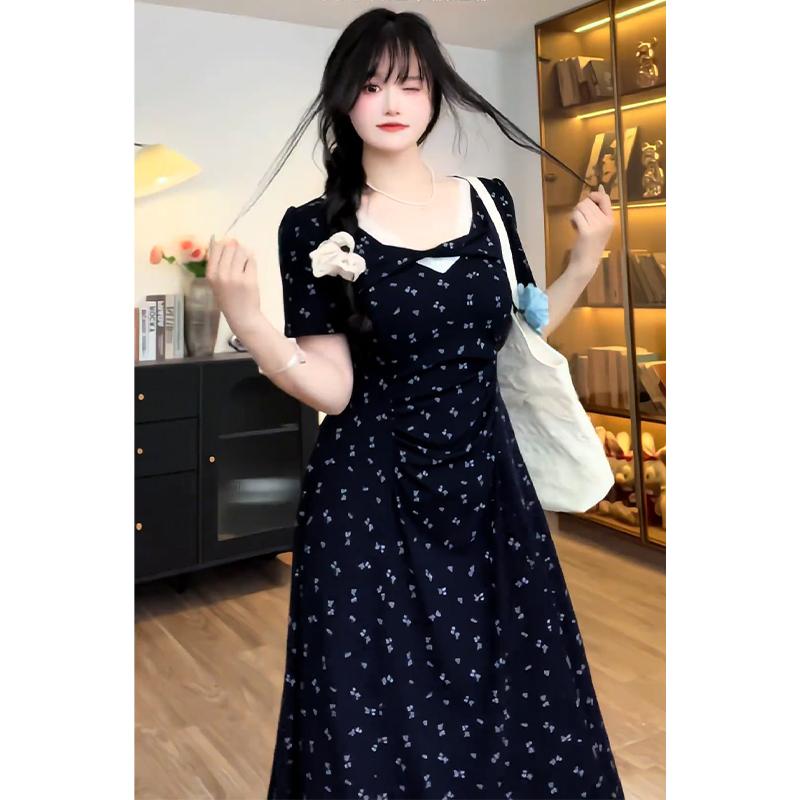 Big French retro floral dress for women's summer fat mm showing thin waist temperament high-end lace skirt