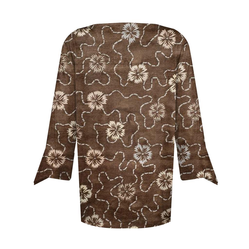 Women's Top Loose Casual V-neck Color Blouses Bell 3/4 Sleeve T-shirt