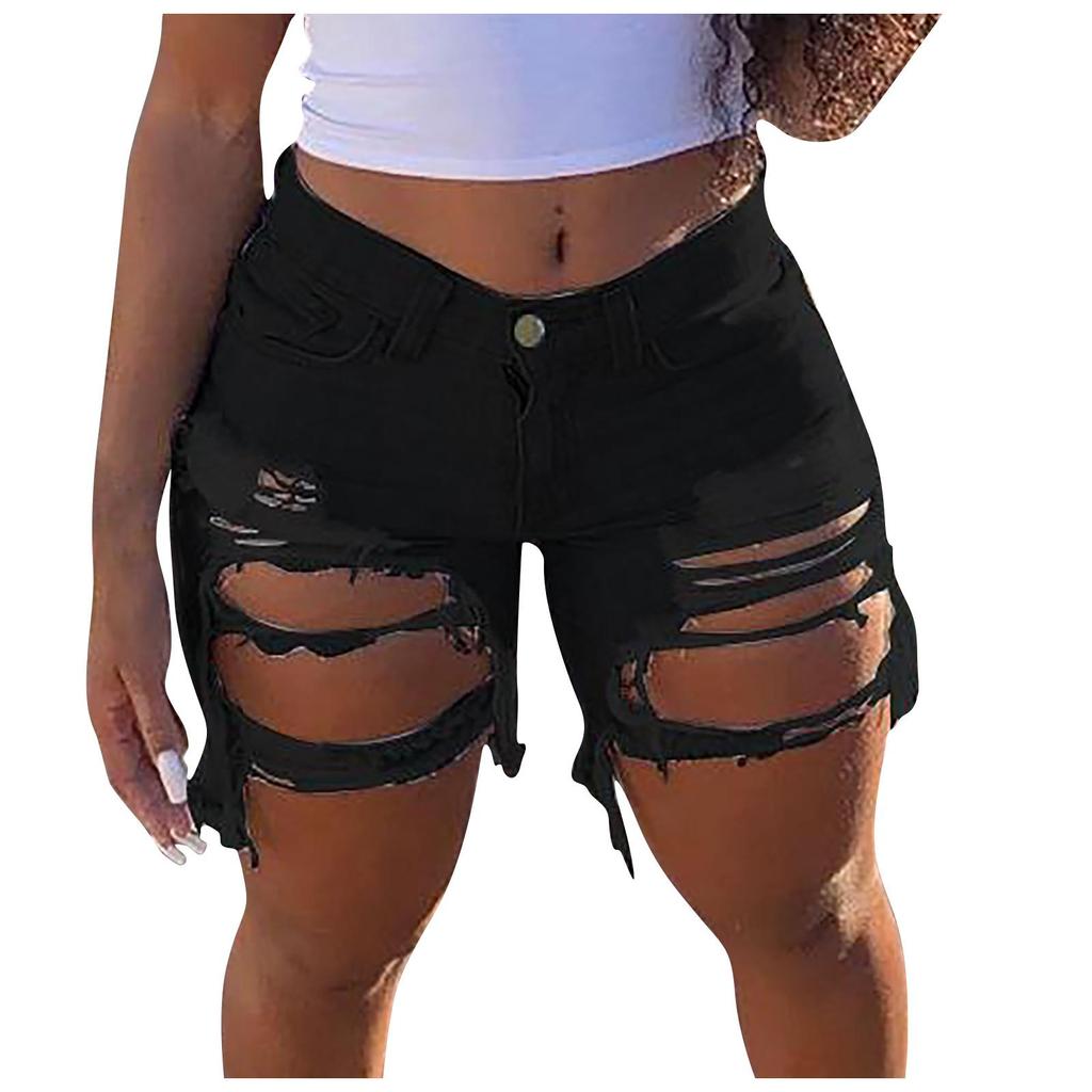 Women Elastic Destroyed Hole Leggings Short Pants Denim Shorts Ripped Jeans