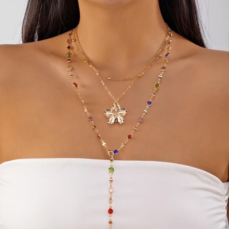 Fashion Flower Pendant Necklace For Women With Pearl Multilayer Chain Jewelry Gift For Teens