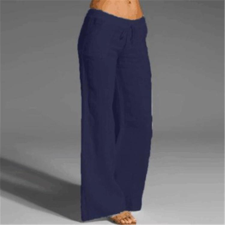 Women Cotton Linen Pants Solid Color Beach Pants Elastic High Waist Wide Leg Yoga Pants