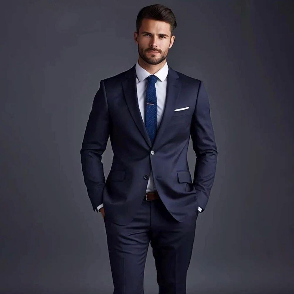 Elegant Navy Blue Solid Men Suits Two Piece Formal Notch Lapel Single Breasted Slim Fit Outfits Office Business Casual Suits