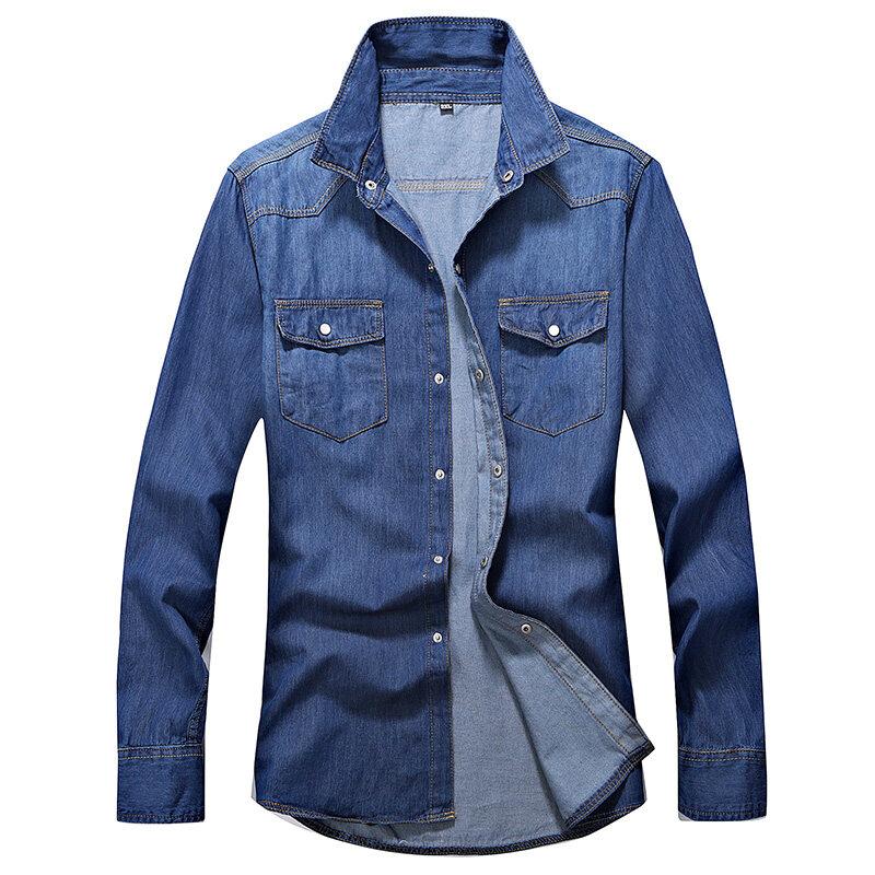 

2026 Spring Men Slim Fit Denim Shirts Men Casual Solid Color Long Sleeve Cotton Shirts Male Jeans Shirt Fashion Cowboy Shirt 4XL M темно-синий