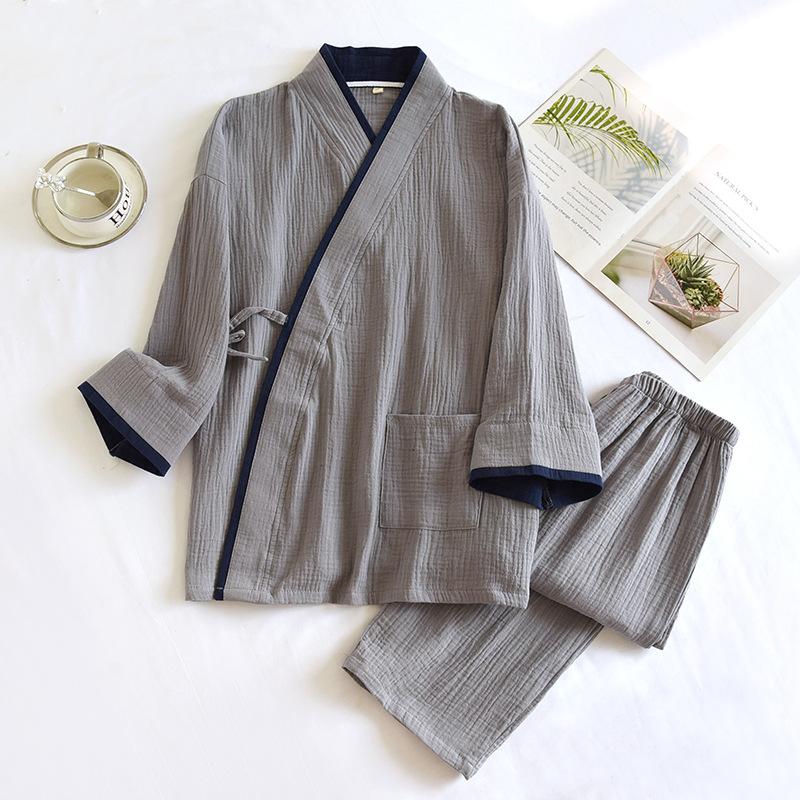 

Japanese Spring Autumn Thin Men s Hanfu Pure Cotton Gauze Pajamas Plus Size Home Steaming Suit S сірий