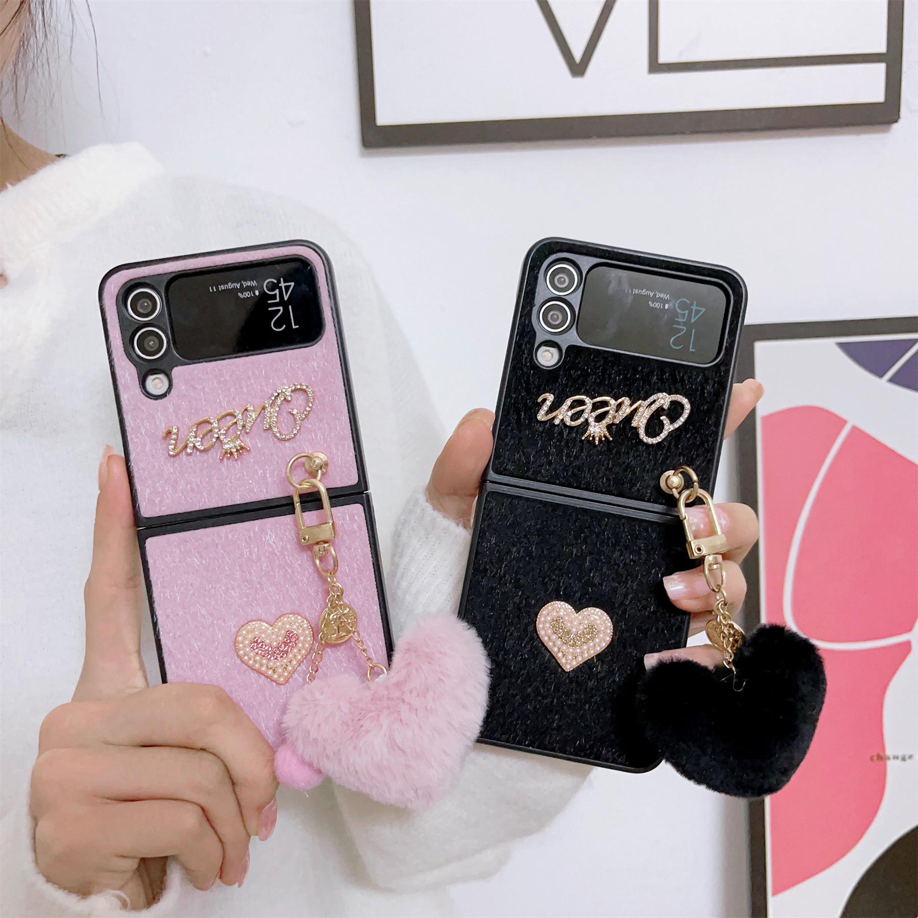 

Милый плюшевый чехол с подвеской в ​​виде шара в форме сердца с жемчужным сердцем для Samsung Galaxy Z Flip 3 5G Z Flip 4 Z Fold 3, чехол для huawei P50 Pocket/oppo find N2 Flip