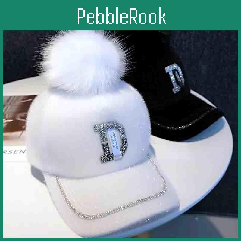 And Ladies Autumn Hat Winter With Diamond Letter D Allmatch Baseball Cap Fur Ball White Peaked Cap Fur Ball Decor