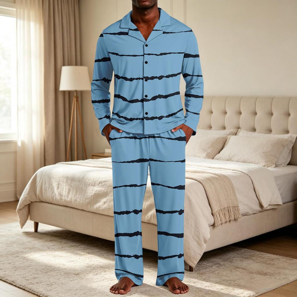 Men's Striped Pajama Set with Button Down Shirt and Pants - Loose Fit Casual Two Piece Sleepwear