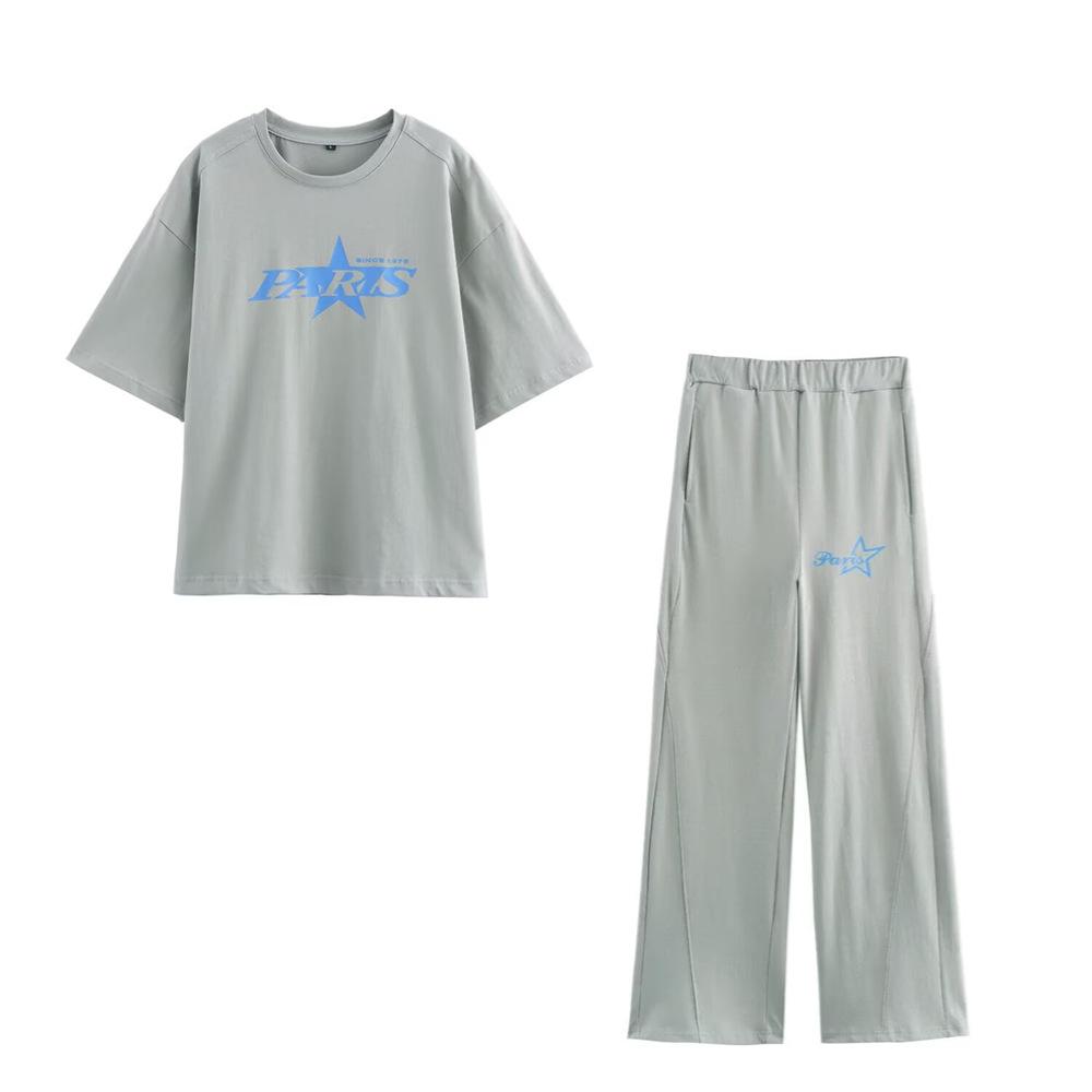 

2025 Spring Women s Printed Washed-Effect Loose T-Shirt & Long Pants Set Small
