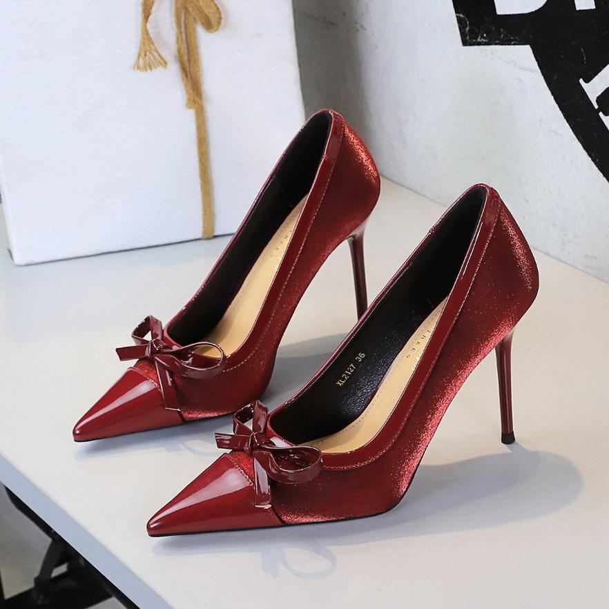 

Fashion Classic Style New Women s Single Shoes Retro Simple Exquisite Workmanship Versatile Women Bow Pointed Toe High Heels 10.5CM 34 бордовый