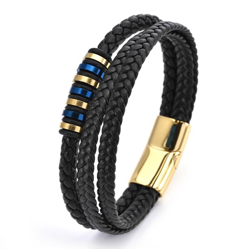 Hot Selling Gold-plated Stainless Steel Black Leather Bracelet, Hand Woven Magnetic Buckle, Men's Multi-layer Leather Bracelet