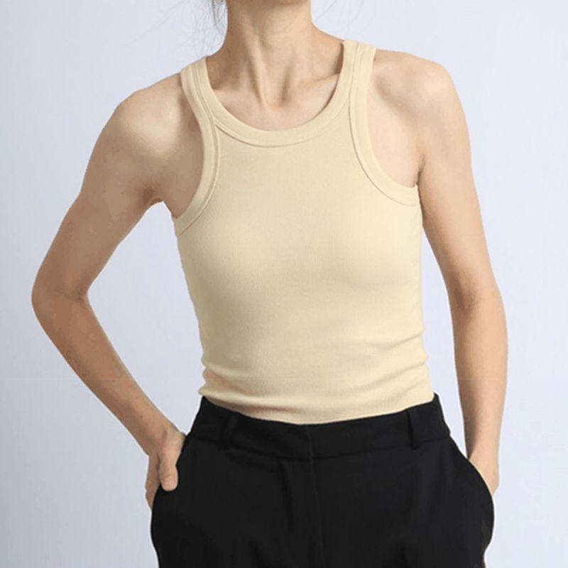 

European and American Sexy Thread Cotton I-Shaped Vest Niche Style Summer Silm Sling Basic Base All-Matching Slim Looking Tops Women Light apricot (in stock) S