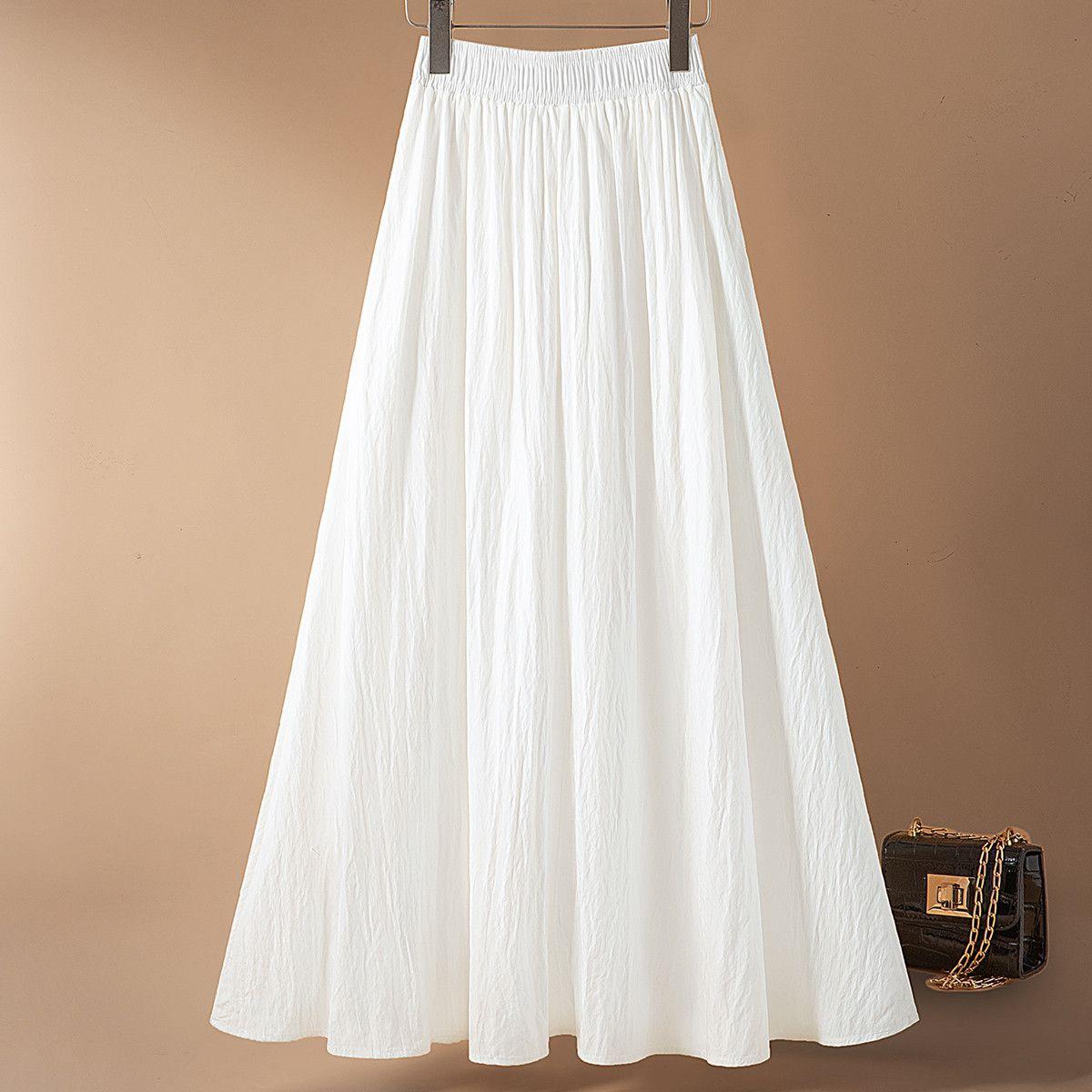Women s Summer White Elastic High Waist A-line Skirt, Plus Size, Medium Length S