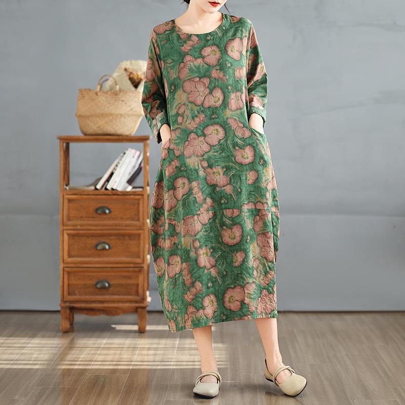 Early Spring Vintage Round Neck Long Sleeved Patchwork Artistic Loose Fit Plus Mid Length Dress