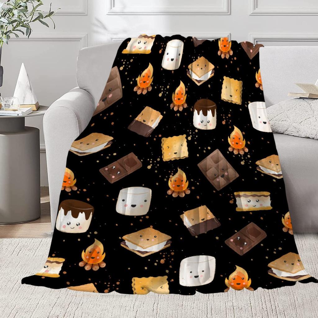 Cute Campervan Campfire Blanket Cartoon Food Digital Printed Flannel Blanket Rv Decorative Blanket